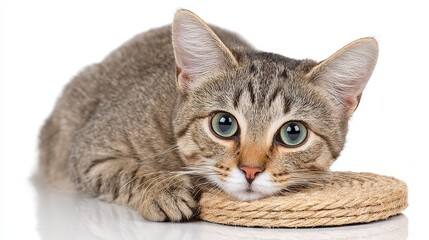 Playful cat entangled in rope, a curious feline's exploration