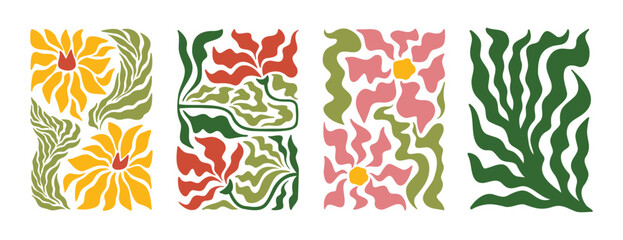 boho groovy floral posters. hand drawn modern abstract organic trendy Matisse minimal style. Floral poster for wallpaper, wall decor, print, postcard, cover, template, banner.