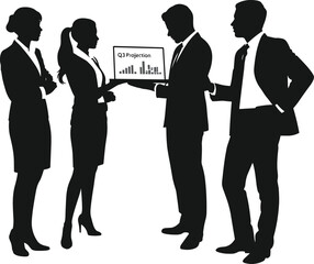 Silhouettes of business professionals discussing Q3 projection, corporate teamwork, financial analysis, office presentation, strategy meeting, leadership, collaboration, data review