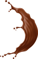 Round circle chocolate drink wave splash with smooth curve and droplets mid air. Vector sweet cocoa liquid in motion fluid dessert and food swirl. Isolated realistic 3d cocoa Brown stream with drops