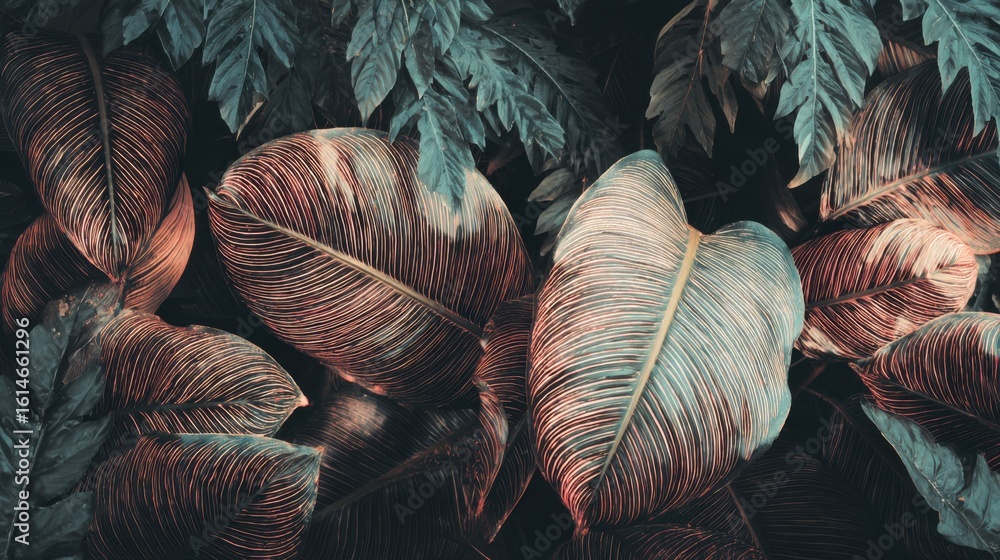 Poster colorful leaves with detailed textures create a striking visual in a dense garden setting illuminate