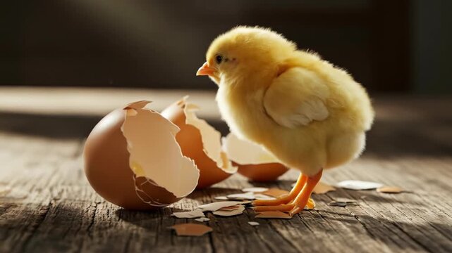 Fluffy yellow chick standing near its broken eggshell on rustic wood