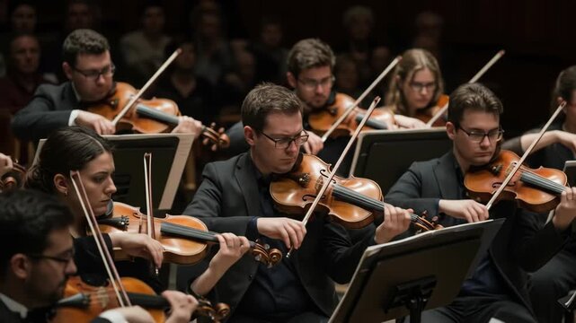 String orchestra musicians playing violins during a concert.