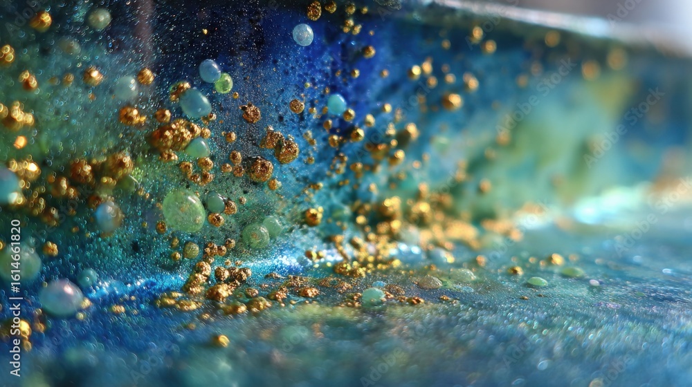 Poster textured surface showcases a blend of shimmering blues and golds, creating a mesmerizing abstract de