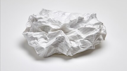 A large piece of white paper is crumpled into a messy shape, highlighting its texture and folds. The surface appears smooth and white, emphasizing the contrasts in material.