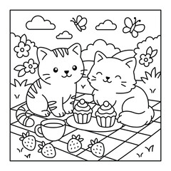 Adorable Cats Coloring Sheet – Picnic with Sweets & Butterflies