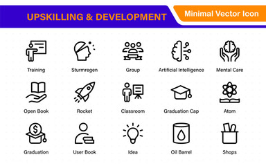 Upskilling and personal development icon pack in outline style. Includes icons for learning, training, education, career, and professional growth.