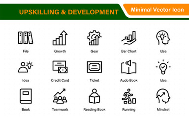 Obraz premium Upskilling and personal development icon pack in outline style. Includes icons for learning, training, education, career, and professional growth.