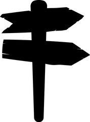 Illustration of wooden signpost with directional arrows silhouette. Clean black outline ideal for logos, stencils, icon design, and navigation-themed graphics.