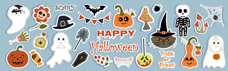 A collection of cute, kind Halloween themed stickers featuring various characters and objects. The scene is playful and festive, with stickers depicting various spooky things. Vector illustration.