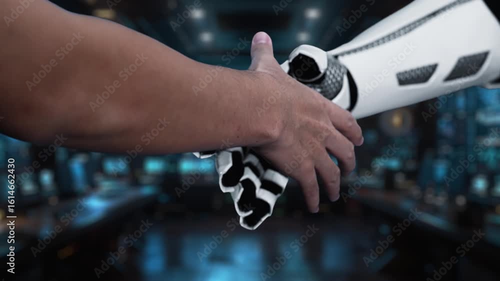 Poster human and robot interaction with ai interface in futuristic digital environment, symbolizing technol
