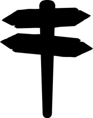 Illustration of wooden signpost with directional arrows silhouette. Clean black outline ideal for logos, stencils, icon design, and navigation-themed graphics.