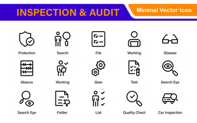 Inspection and Audit vector icon collection. Includes filled, outline, thin line, and stroke styles. Perfect for quality control, compliance, mobile apps, and web design.