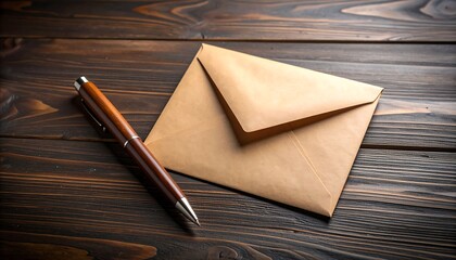 A kraft envelope and pen rest on a dark wood surface
