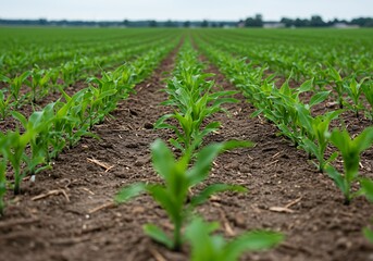 Young corn plants growing in neat rows