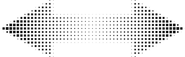 Abstract retro illustration of square halftone double sided arrow pointing left and right. Black square dot pattern, geometric arrow shape. Minimalistic, horizontal orientation, abstract design.