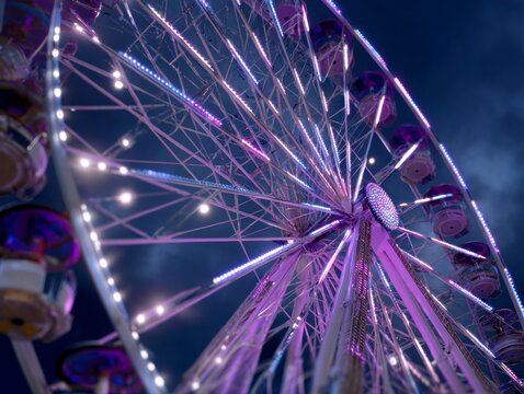 Ferris wheel illuminated with purple and white lights at night