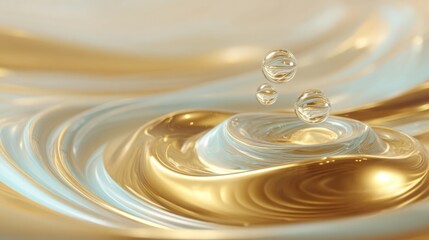 Liquid swirls blend shades of gold and blue, creating an elegant visual. Water droplets land softly on the surface, adding to the calming atmosphere of the scene.
