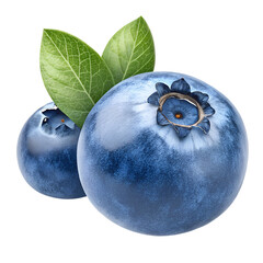 Obraz premium Two Blueberries with Green Leaves isolated on a transparent background