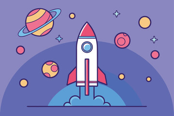 Fototapeta premium Whimsical cartoon rocket launch with planets and stars space