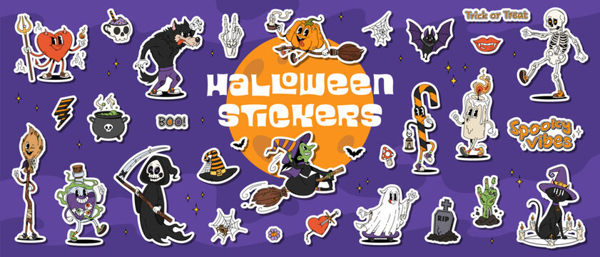 Cartoon groovy Halloween characters stickers pack. Funny psychedelic Halloween holiday pumpkin, witch, ghost and bats vector personages. Retro groovy skeleton, zombie hand, potion, black cat stickers