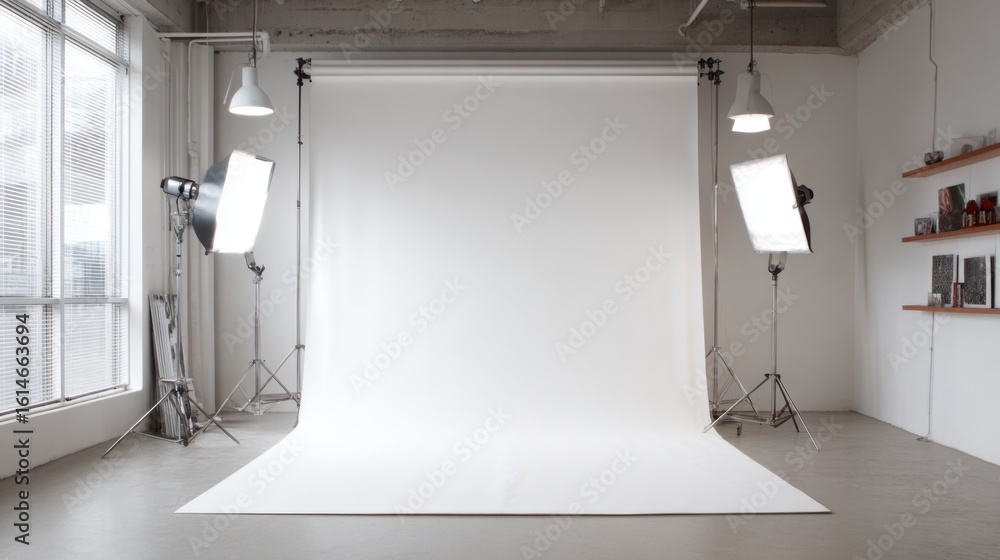 Poster bright and spacious photo studio featuring a clean white backdrop and professional lighting equipmen