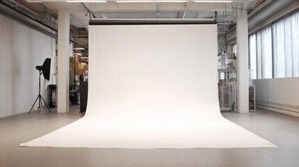 An empty photography studio features a large white backdrop, soft lighting setup, and spacious floor. Ideal for various creative projects and photo sessions during the day.