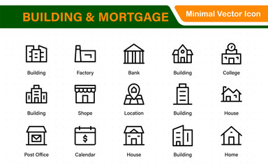 Building and Mortgage icon set. Includes house, real estate, bank, mortgage contract, property loan, home insurance, and foreclosure icons. Solid vector icon collection.