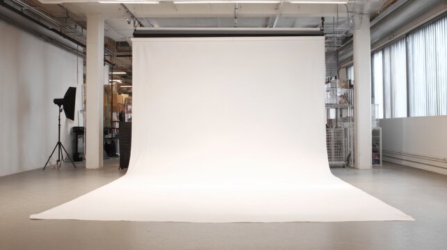 An empty photography studio features a large white backdrop, soft lighting setup, and spacious floor. Ideal for various creative projects and photo sessions during the day.