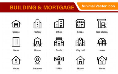 Building and Mortgage icon set. Includes house, real estate, bank, mortgage contract, property loan, home insurance, and foreclosure icons. Solid vector icon collection.