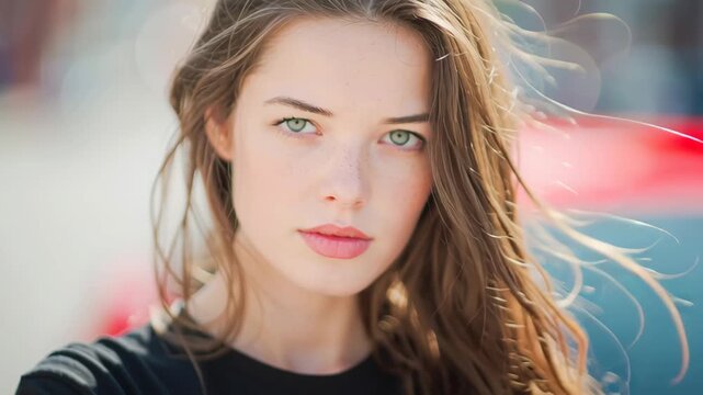 A confident woman stands in front of a bright red car, exuding strength and independence in an urban setting.