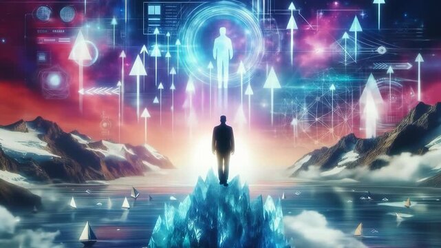 Surreal landscape with a figure standing on an ice mountain at sunset  