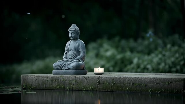 A serene Buddha statue sitting by a tranquil water body, symbolizing peace and mindfulness.