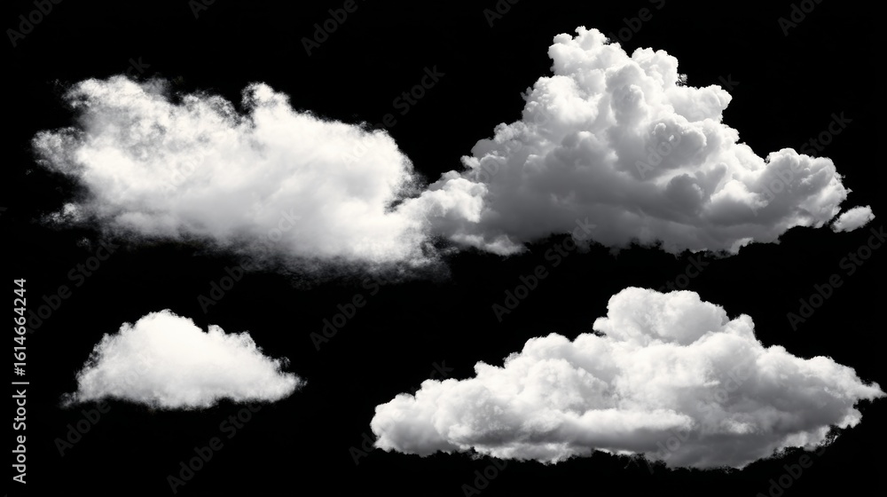 Poster fluffy white clouds display a range of forms and sizes in front of a deep black background, creating