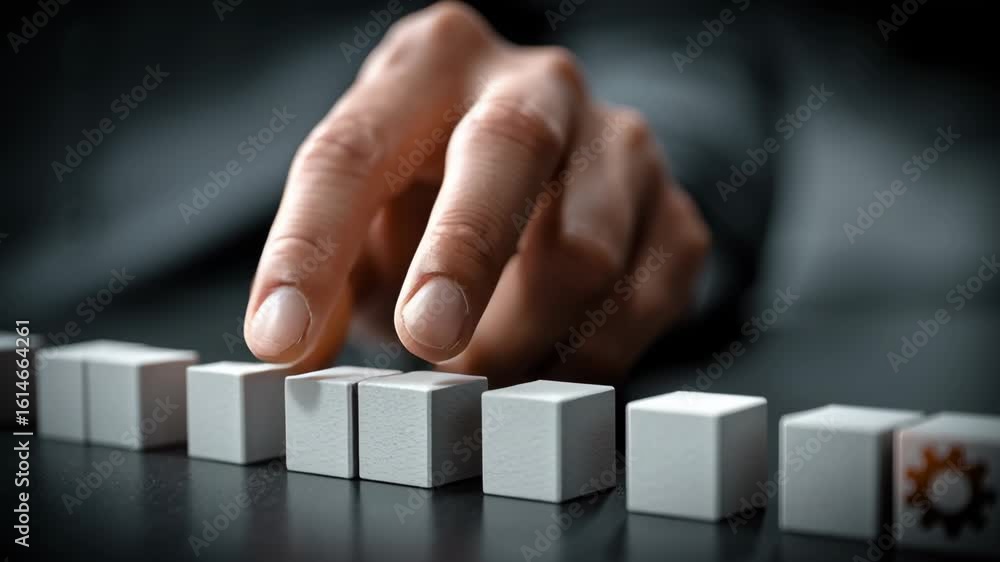 Poster hand adjusting white cube with gear symbol innovation and problem solving in business strategy and c