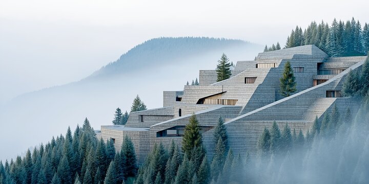 A futuristic alpine complex emerges from the mist, blending seamlessly with the surrounding coniferous trees. The composition highlights minimalism and aesthetic harmony with nature's contours