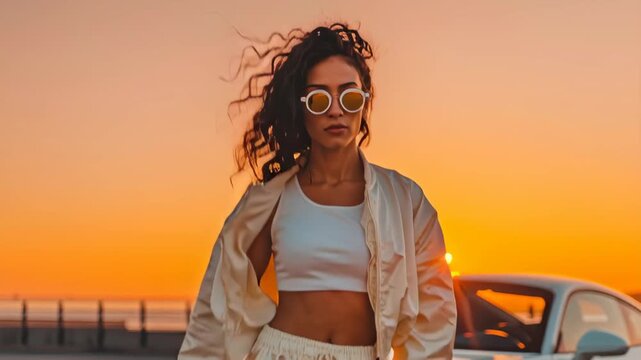 A stylish individual stands beside a modern car at sunset, showcasing urban fashion and a vibrant atmosphere.