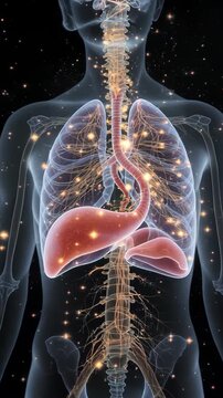 Abstract 3D rendering of the human body showcasing internal organs and a glowing neural network representing vital energy flow and health