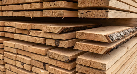 Close-up view of stacked sawn timber planks. Raw wood materials for construction and the logging industry.