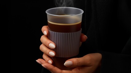 Low Key Photo of Hands Holding Steaming Coffee in Reusable Cup