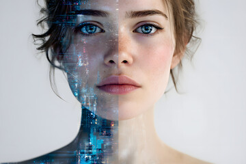 Close-up portrait of a young Caucasian woman half blended with futuristic technology – representing the fusion of AI and humanity