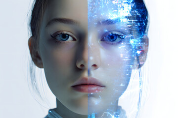 Close-up portrait of a young Caucasian woman half blended with futuristic technology – representing the fusion of AI and humanity
