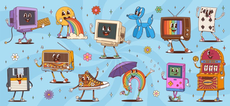 Cartoon retro groovy characters with funny psychedelic faces, vector comic emoji. Groovy smile with rainbow vomit, poker or casino slot machine, happy balloon dog character and retro radio with shoe