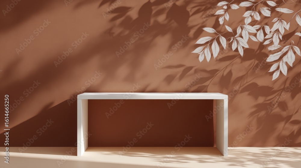 Aufkleber a minimalist shelf stands against a warm brown wall, casting soft shadows that interact with delicat