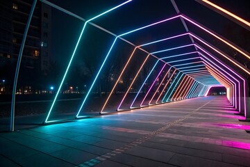 Illuminated tunnel with colorful neon lights at night creating a futuristic atmosphere and perspective view