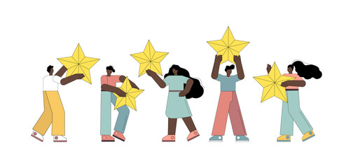 Give rating, review, support, star, points, success, satisfaction. People hold stars in their hands and rate them
