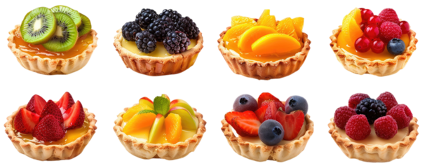 PNG. 8 delicious tarts with various fruits isolated on a white background, photographed with a 24mm lens in the style of various artists