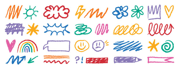 Crayon doodle colorful charcoal hand drawn set. Pencil drawings squiggle shapes and forms. Freehand collage elements.
