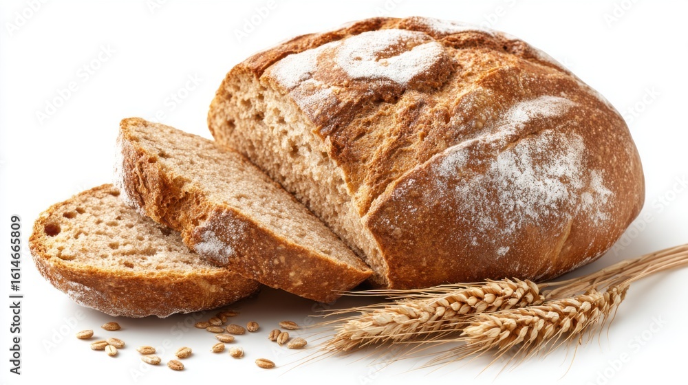 Poster a loaf of rustic bread sits with two slices cut, showcasing its texture. surrounding the bread are g
