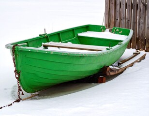 Obraz premium Green rowboat on snow-covered frozen lake